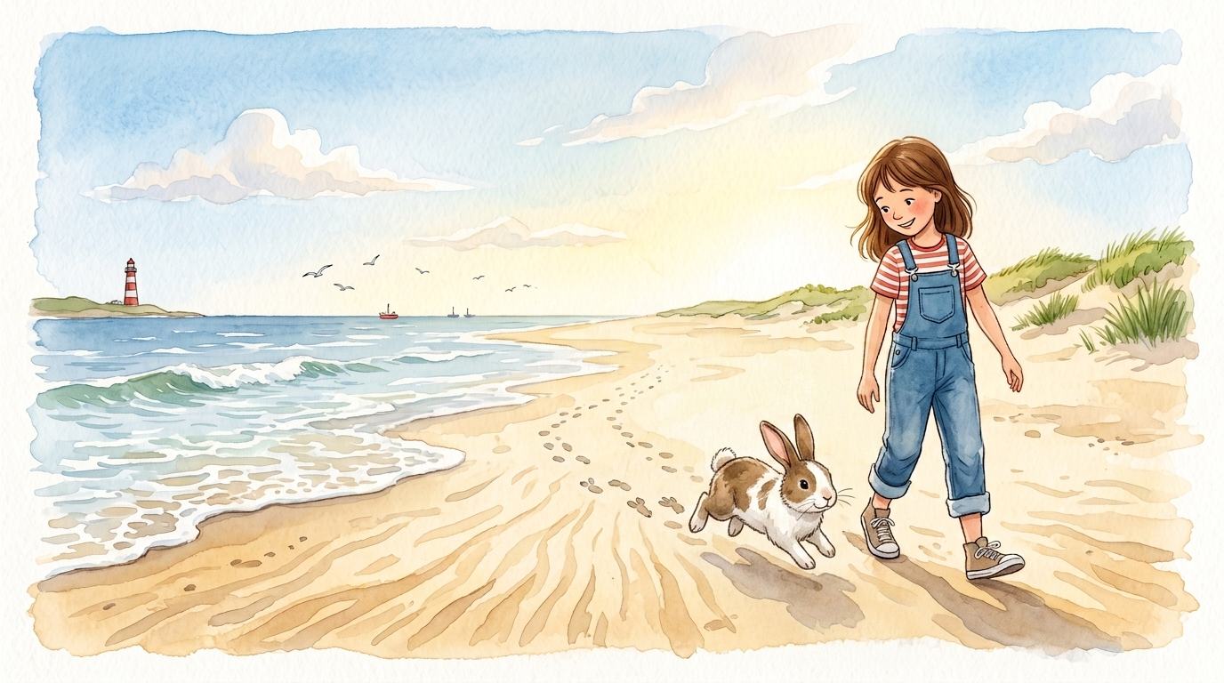 The dog is now a small rabbit hopping beside her