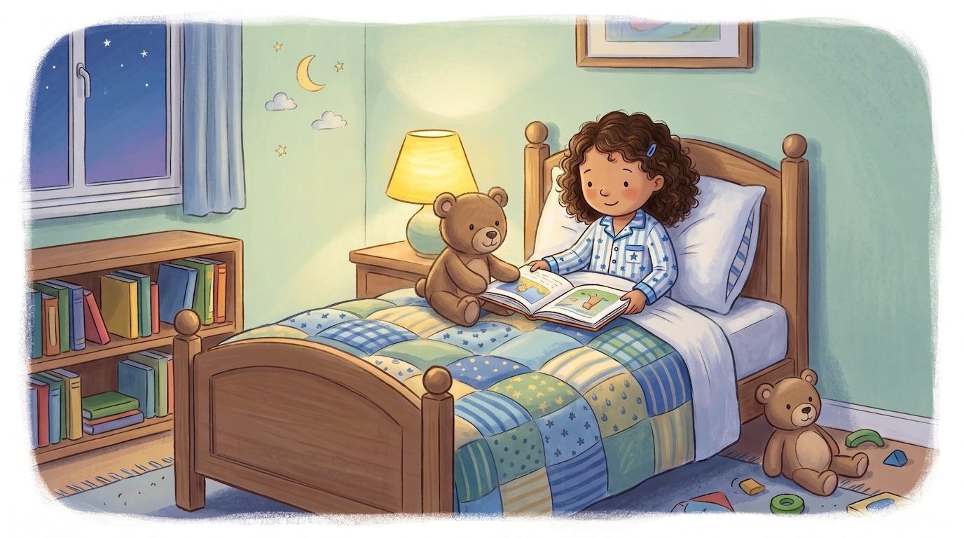 A girl reading in bed to her teddy bear