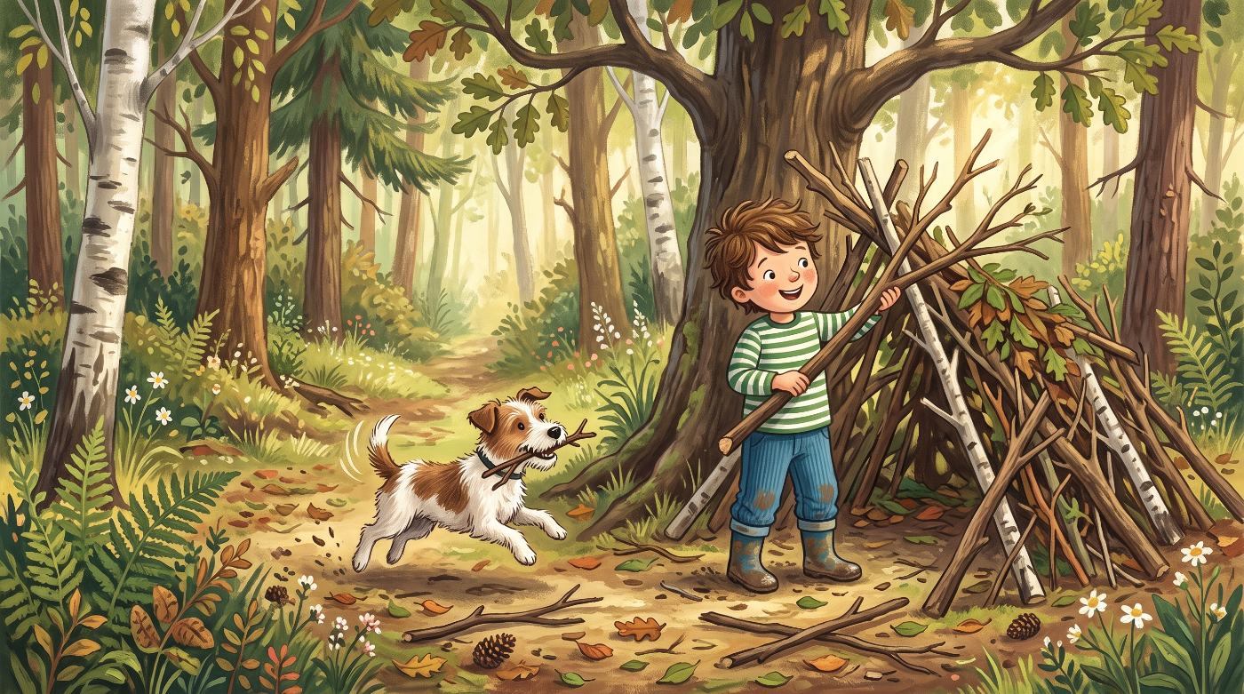 A child building a den in the woods with a dog