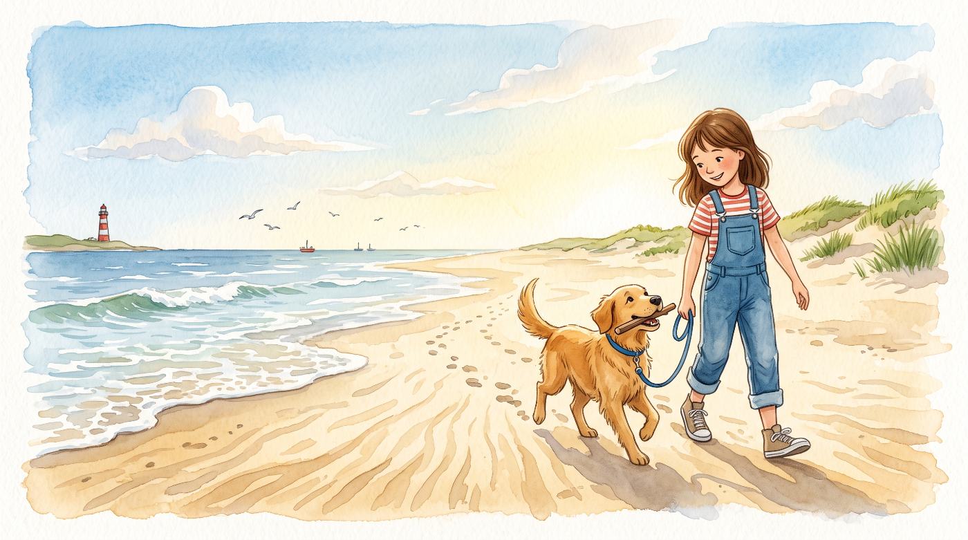 A girl walking her dog on a beach